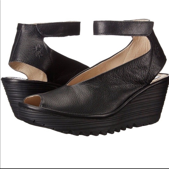 Fly London Shoes - Fly London Yala Wedge Sandals Black Leather EU 38